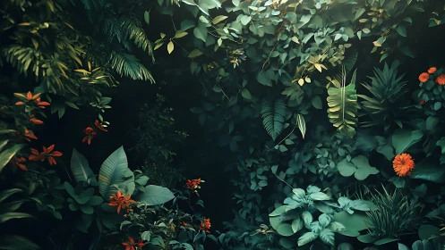 Dense tropical foliage with scattered orange flowers at center.
