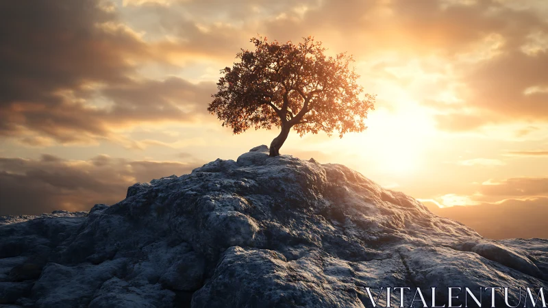 Solitary summit tree drinking molten sunrise light.