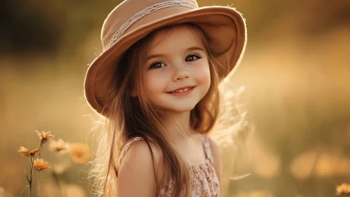 Young girl in tan hat and floral dress in golden sunlit field