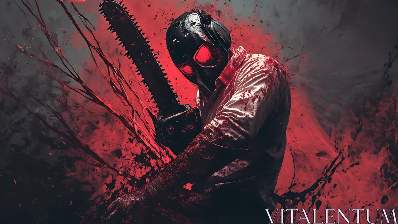 Blood-soaked chainsaw wielder in gas mask amid dynamic splatter
