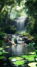 Tranquil forest waterfall and lily pond in soft daylight.