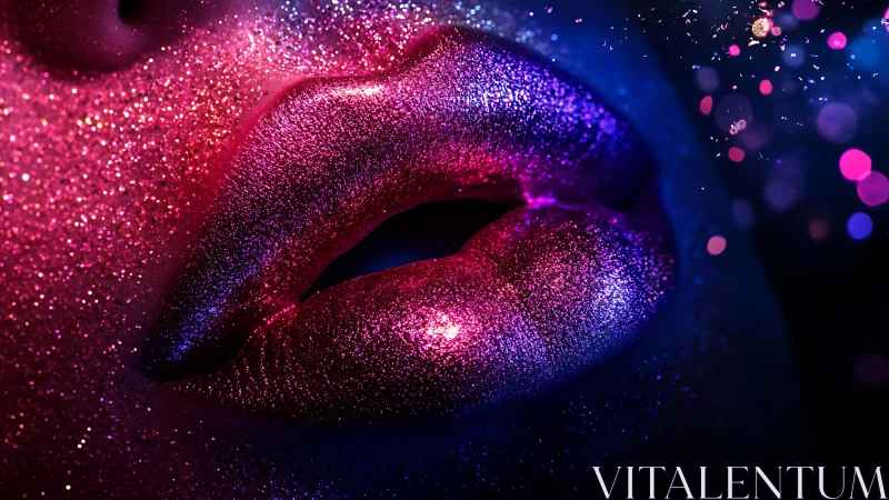 Closeup of glitter covered lips in neon pink and blue light.