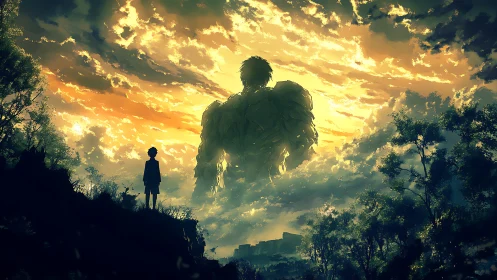 Silhouetted figure observes giant humanoid form in clouds