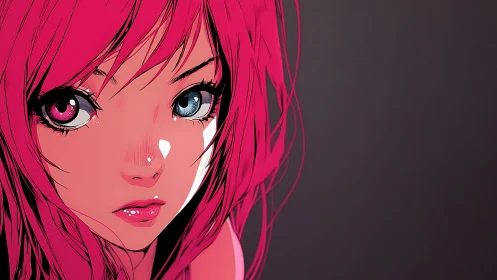 Pink-haired heterochromatic anime portrait on dark ground.