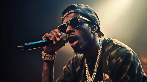Rapper performs on stage holding microphone under concert lights