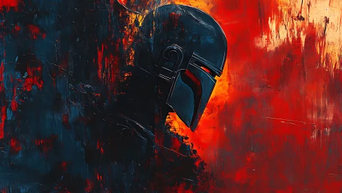 Helmeted warrior profile against fiery abstract background.