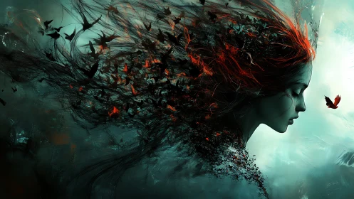 Digital painting of ethereal profile dissolving into red birds.