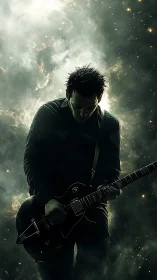 Silhouetted rock guitarist bends into cosmic stage light.