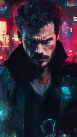 Cyberpunk vigilante portrait under neon backlight, digital painting.