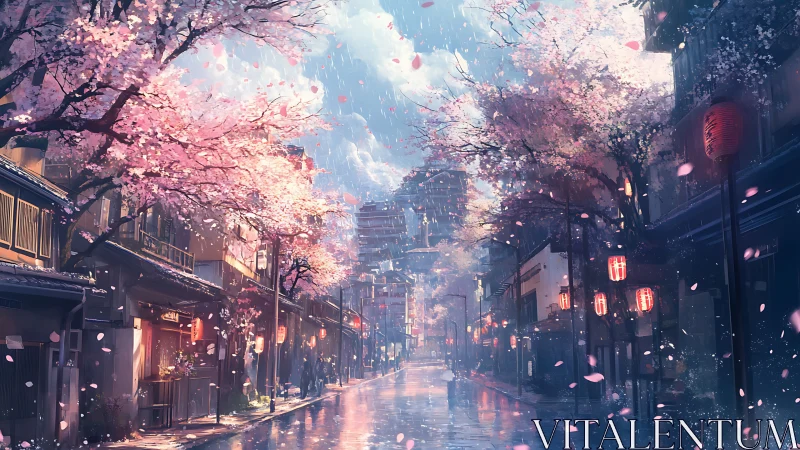 Rain-washed Japanese street under illuminated cherry blossoms