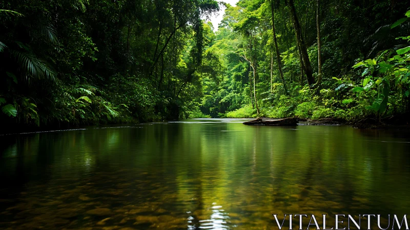 Tranquil rainforest river reflecting lush canopy overhead