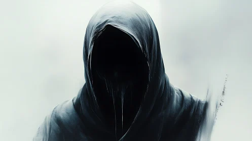 Digital painting of faceless hooded wraith in desaturated void.