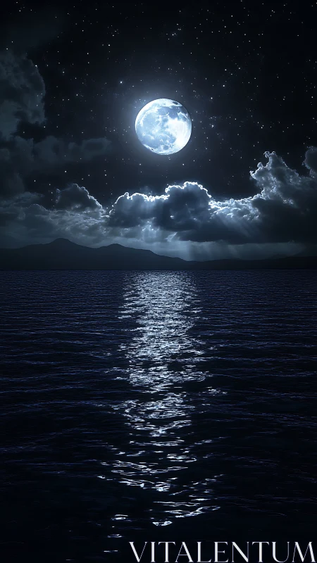 Moonlit tide paints a silver road across midnight waters.