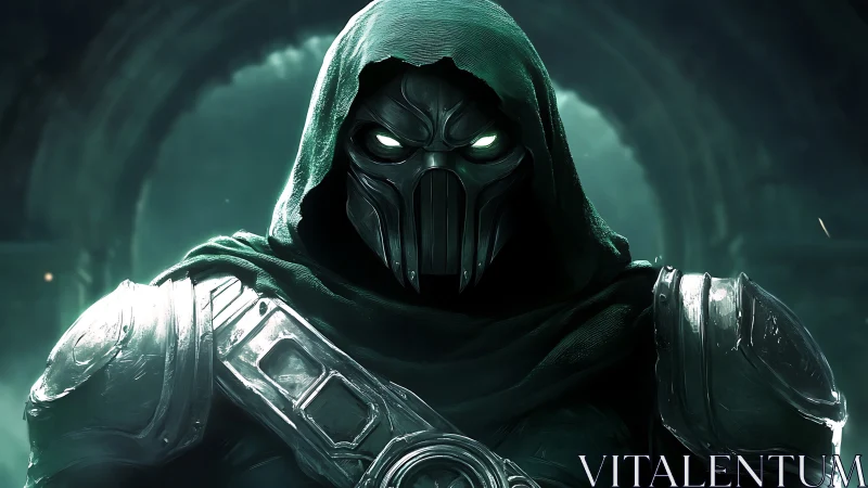 Hooded armored wraith glares through glowing emerald eyes