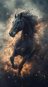 Fireborn midnight stallion storms through embers and smoke.