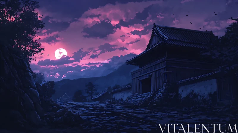 Moonlit temple gate under magenta twilight cloudscape.