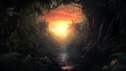 Sunlit jungle waterfall glows beneath a fiery evening sky.