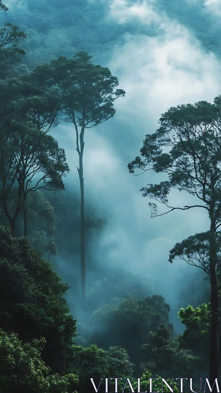 Towering Rainforest Trees Emerge Through Misty Canopy Layers.