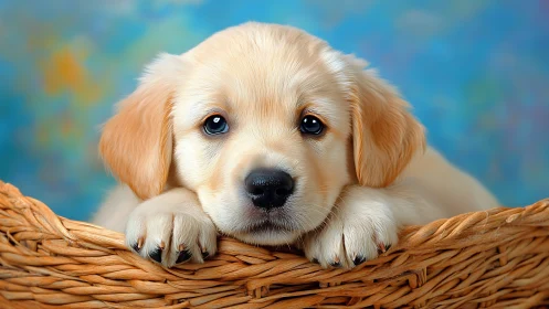 Golden retriever puppy resting in wicker basket portrait.