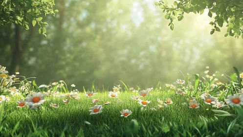 Sunlit meadow depth with daisies under soft volumetric backlight