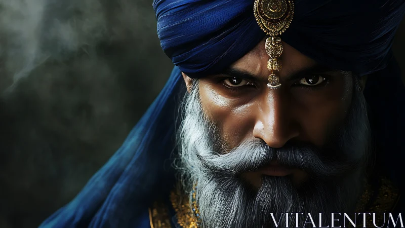 Hyperreal bearded noble in indigo turban and ornate tiara.