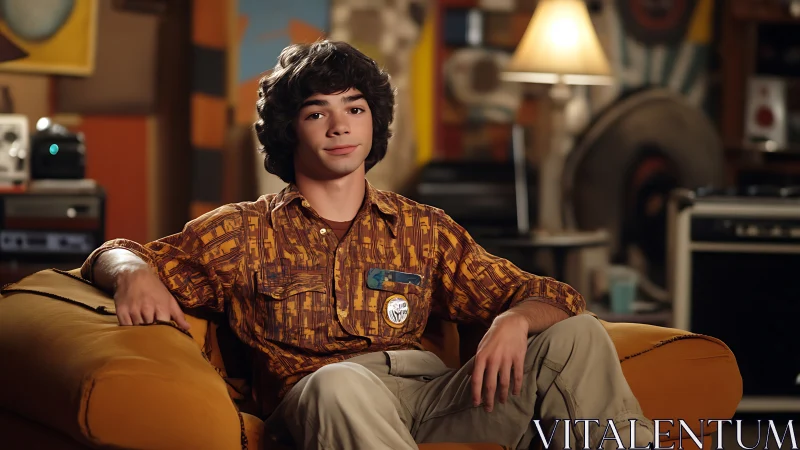 Relaxed teen on mustard sofa in retro styled living room
