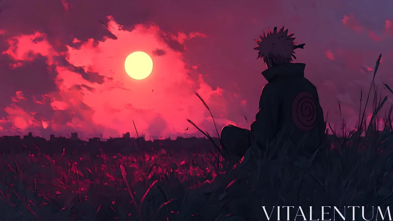 Solitary anime figure watching vivid red sunset sky.