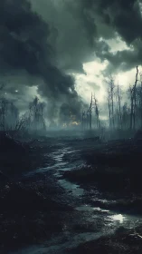 Stormlit dead forest over flooded path under dark sky.