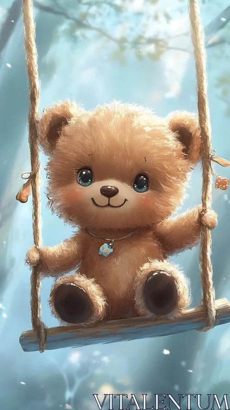 Plush teddy bear on rope swing under soft bokeh forest lighting