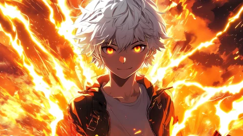 Anime boy with fiery aura and intense glowing eyes.