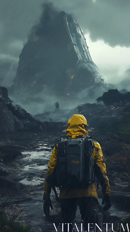 Rain-soaked explorer approaches monolithic sci-fi structure under storm