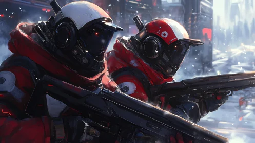 Armored space soldiers advance through frozen battlefield.