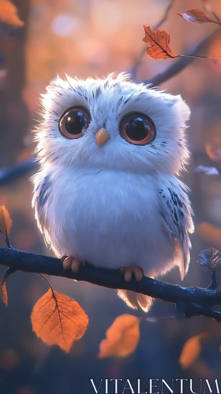 Wide-eyed baby owl glows softly in an enchanted forest dusk