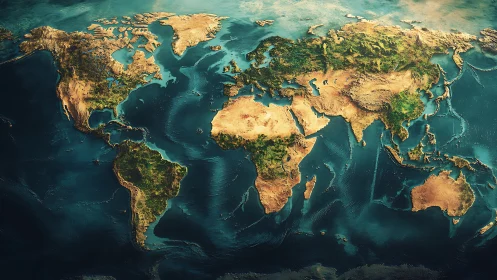 Detailed world map with continents over textured oceans.
