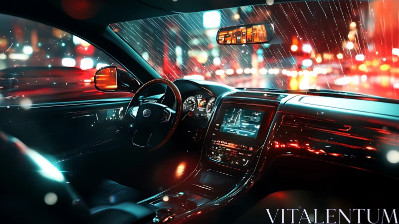 Luxury car cockpit at night with illuminated city lights.