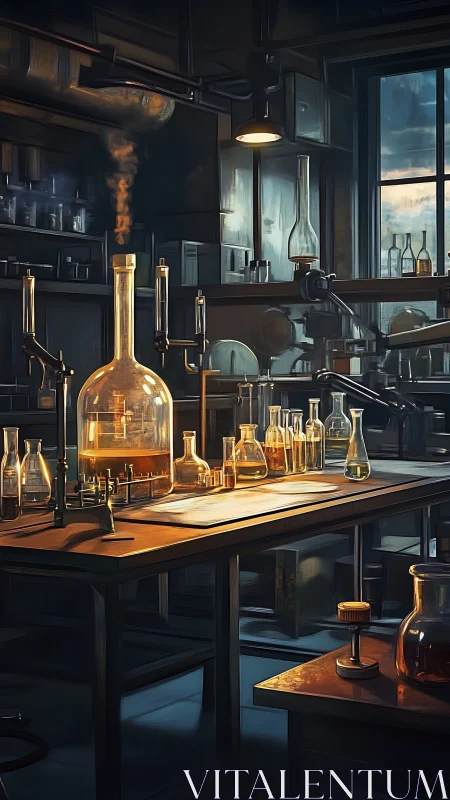 Vintage chemistry lab interior with warm glassware glow.