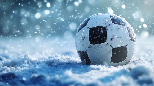 Snow-dusted soccer ball rests quietly on a winter field.