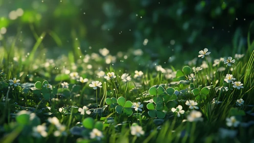 Sunlit wildflower meadow with clover and dewdrops glow.