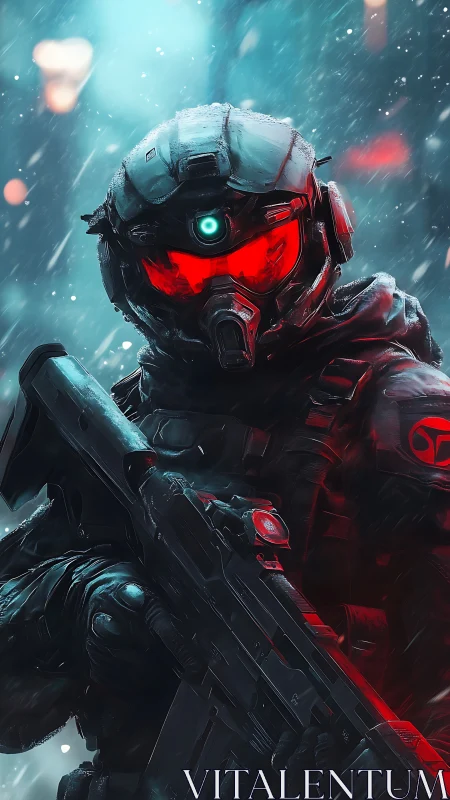 Cyberpunk tactical soldier portrait in dynamic neon storm lighting.