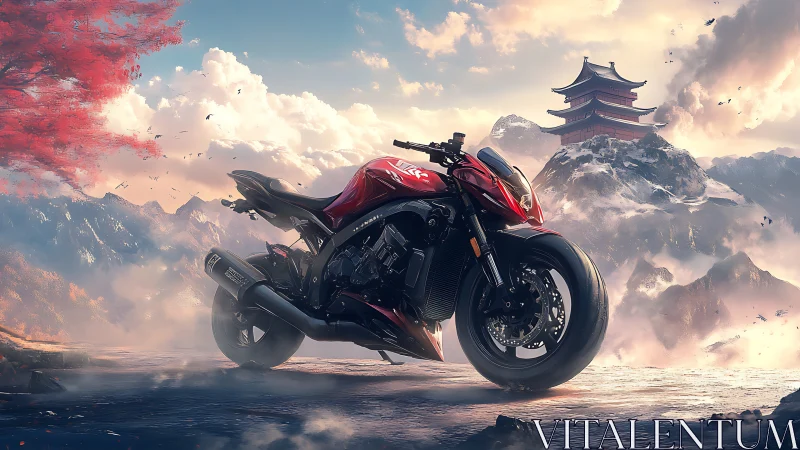 Red sport motorcycle before misty mountains and temple.