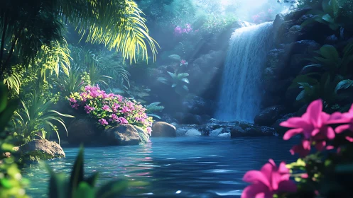 Volumetric-lit jungle waterfall with high-saturation floral foreground
