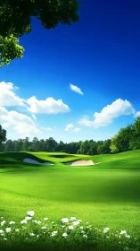 Sunlit golf fairway with sculpted bunkers under vivid sky.
