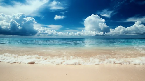 Calm tropical shoreline under towering cumulus clouds.