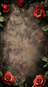 Vertical textured frame centers worn surface between roses