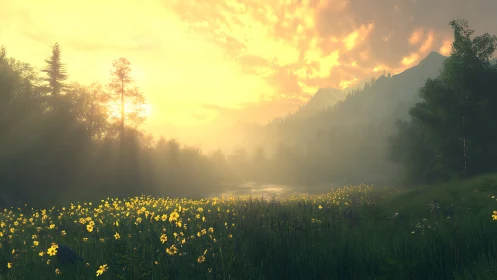 Sunlit wildflower valley breathing under molten morning sky.