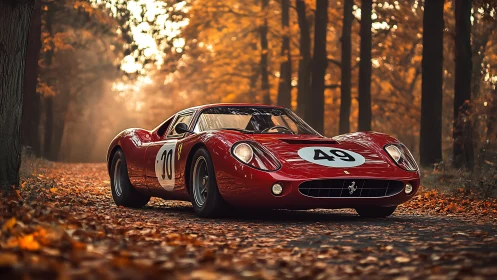 Scarlet vintage racer resting amid a glowing autumn forest road.
