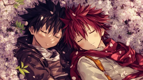 Two anime boys sleeping under dense pink blossoms.