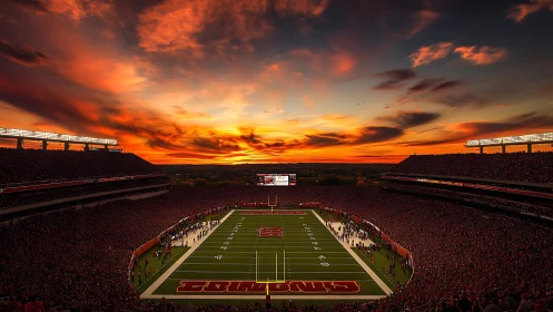 Sunset over packed American football stadium panorama.