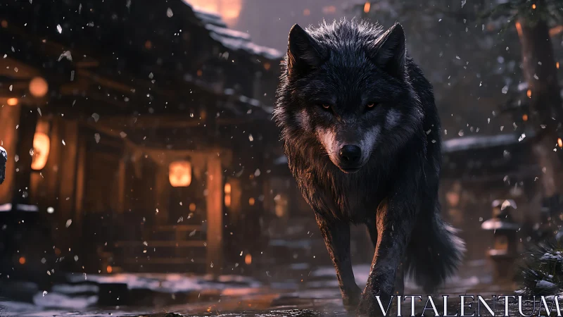 Midnight guardian wolf stalking through emberlit snowfall.