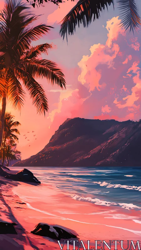 Tropical Sunset Seascape with Palm Trees.